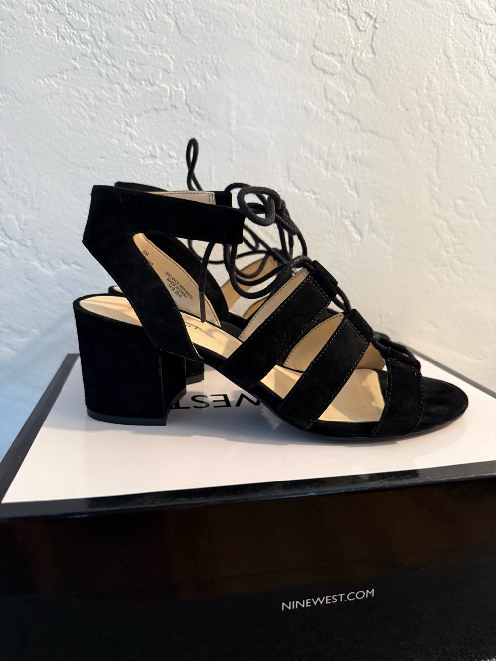 Nine West Black Suede Lace-Up Block Heel Sandals